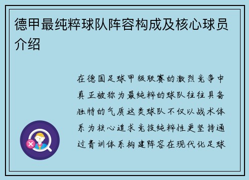 德甲最纯粹球队阵容构成及核心球员介绍